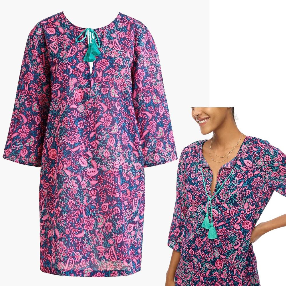 NEW J. Crew Printed Beach Tunic Pink Tassel Swim Coverup 3/4 Sleeve Tropical 2XL